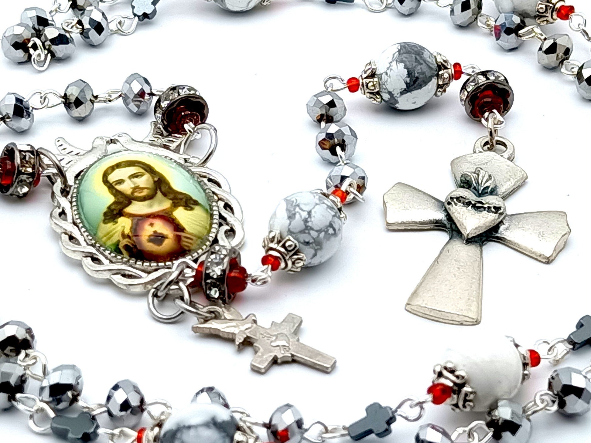 Sacred Heart of Jesus unique rosary beads with faceted silver glass and gemstone beads, silver heart crucifix, picture centre medal and red diamonte accessories.