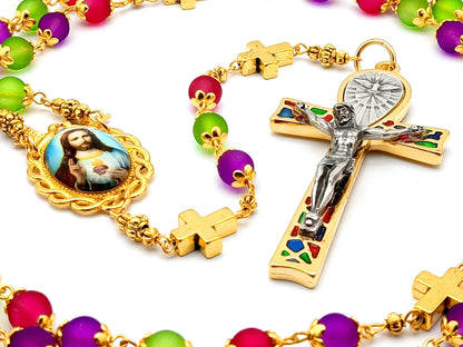 Sacred Heart unique rosary beads with multi coloured glass beads, Holy Spirit crucifix, golden accessories and picture centre medal.