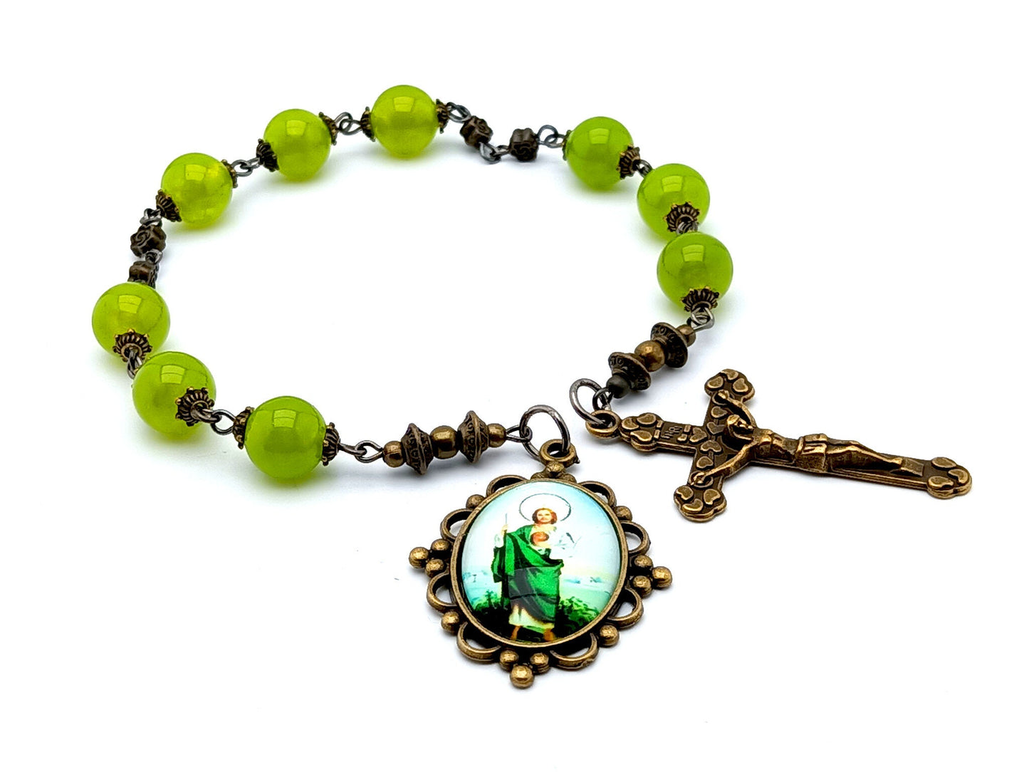 Saint Jude unique rosary beads prayer chaplet with peridot gemstone beads, bronze crucifix and picture end medal.