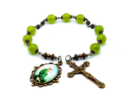 Saint Jude unique rosary beads prayer chaplet with peridot gemstone beads, bronze crucifix and picture end medal.