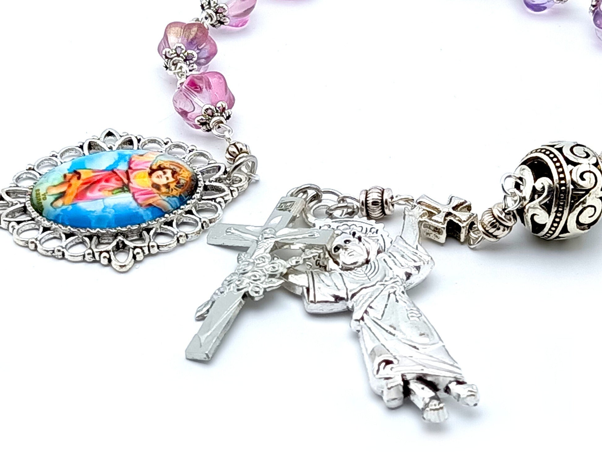 Divino Nino unique rosary beads single decade rosary with pink lamp glass beads, silver Divino Nino medal and crucifix.