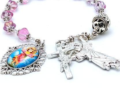 Divino Nino unique rosary beads single decade rosary with pink lamp glass beads, silver Divino Nino medal and crucifix.