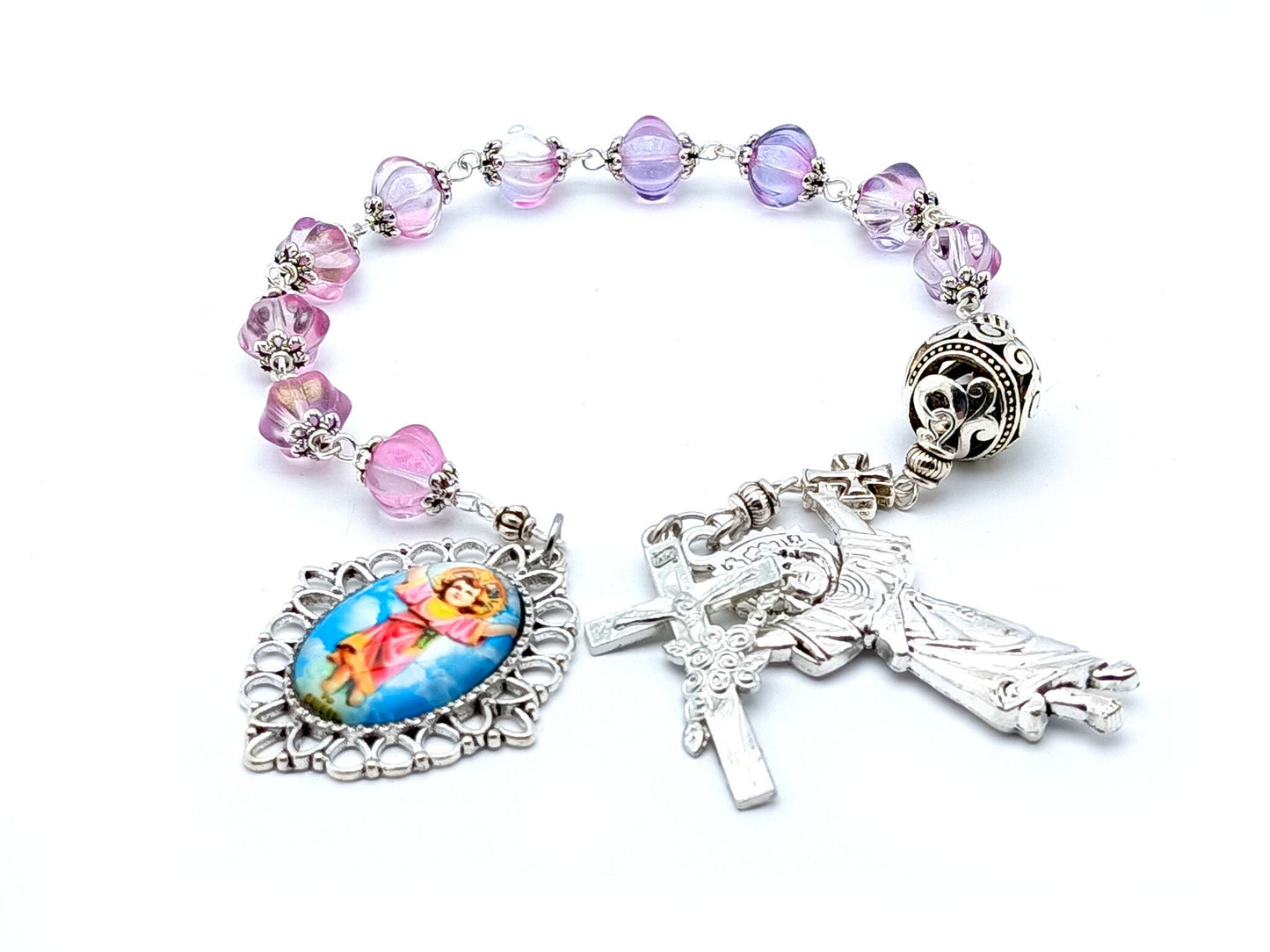 Divino Nino unique rosary beads single decade rosary with pink lamp glass beads, silver Divino Nino medal and crucifix.