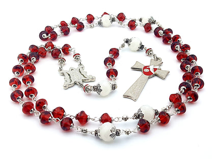 Holy Spirit unique rosary beads with red and white glass beads, silver Holy Spirit crucifix and miraculous medal centre.