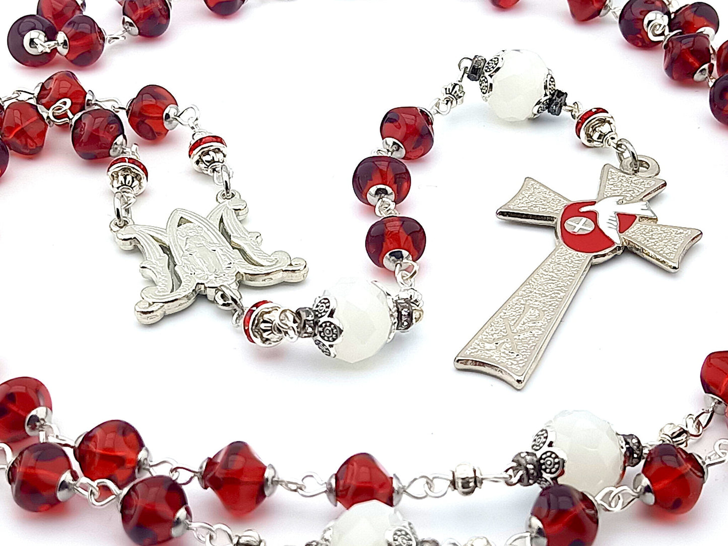 Holy Spirit unique rosary beads with red and white glass beads, silver Holy Spirit crucifix and miraculous medal centre.