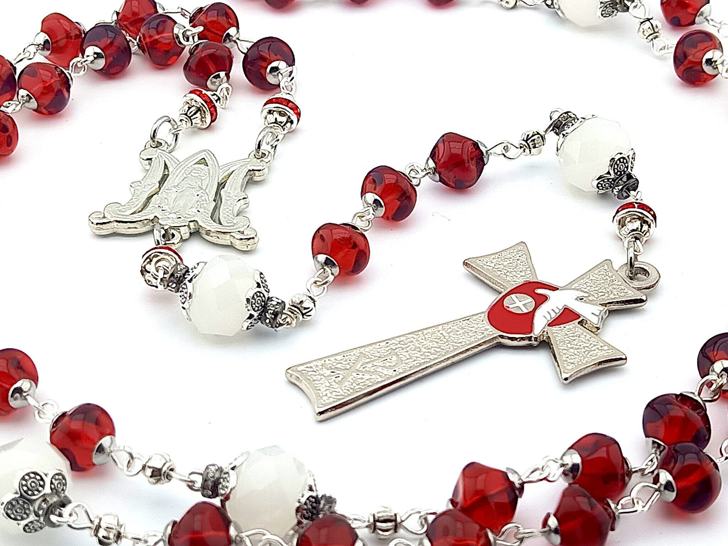 Holy Spirit unique rosary beads with red and white glass beads, silver Holy Spirit crucifix and miraculous medal centre.