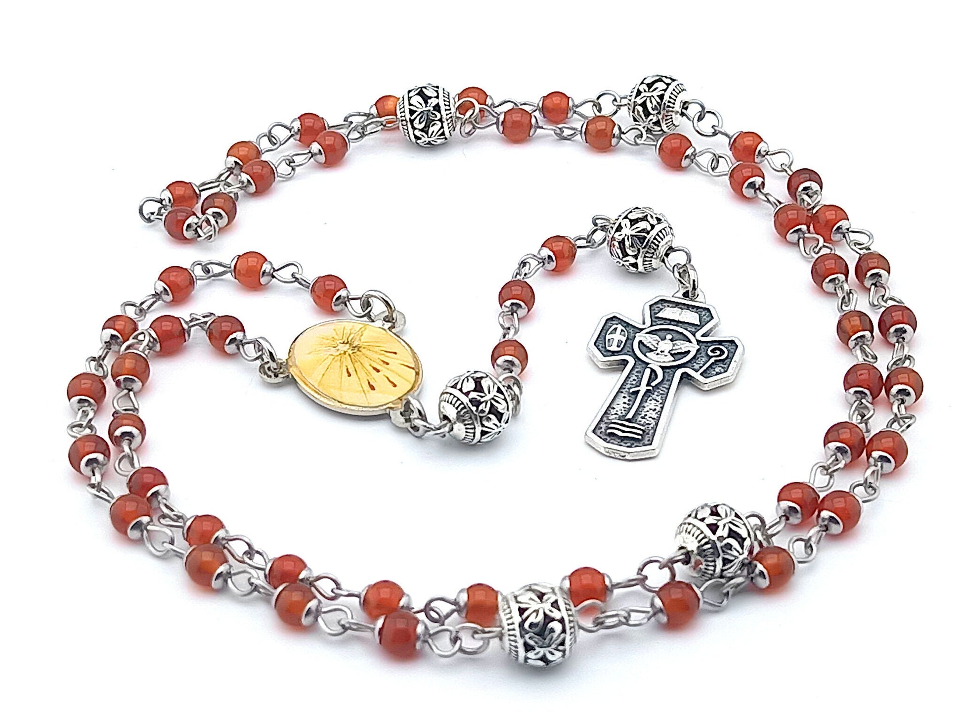 Holy Spirit unique rosary beads miniature rosary with red gemstone and silver beads, Holy Spirit crucifix and centre medal.