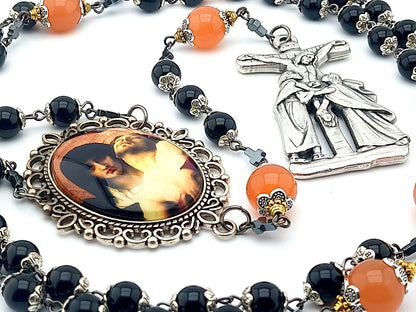 Our Lady of Sorrows unique rosary beads with onyx and orange agate gemstone beads, La Pieta crucifix and large picture centre medal.