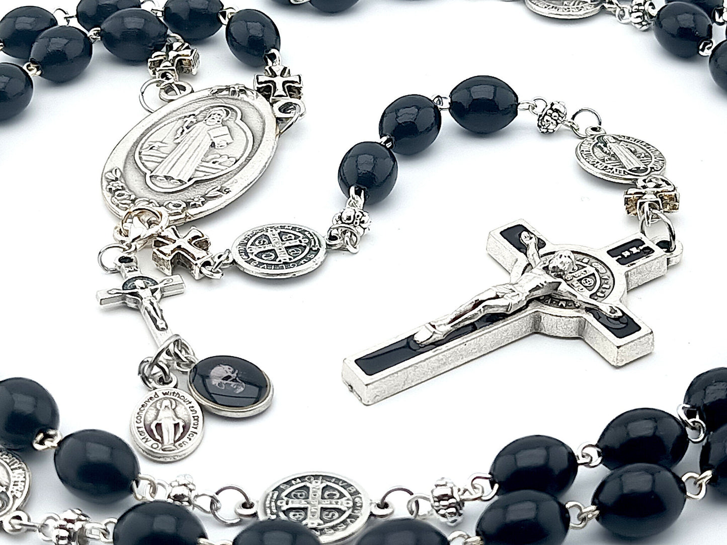 Saint Benedict unique rosary beads with black wooden beads, black and silver enamel Saint Benedict crucifix and centre medal.