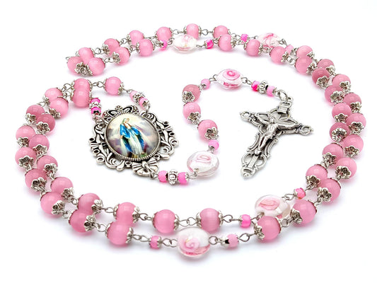 Our Lady of Grace unique rosary beads with pink glass and handmade floral beads, filigree crucifix and picture centre medal.