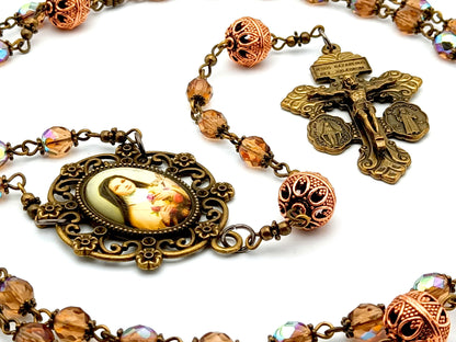 Saint Therese of Lisieux unique rosary beads with rose gold faceted glass and copper beads, bronze pardon crucifix and picture centre medal.
