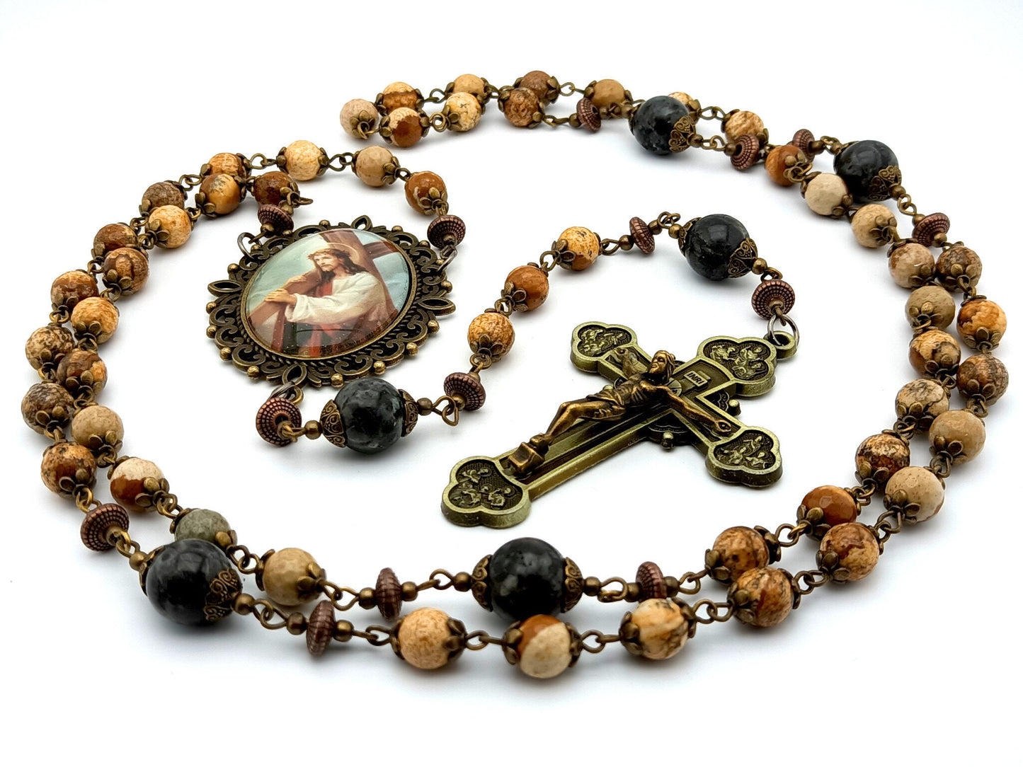 Way of the Cross unique rosary beads with natural gemstone beads, large twelve apostles crucifix and large picture centre medal.