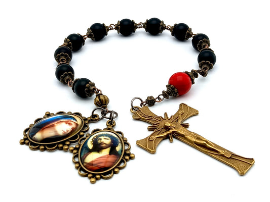 Crown of Thorns unique rosary beads single decade rosary with onyx and red gemstone beads, bronze crucifix and Christs passion and Sorrowful Mother picture medals.