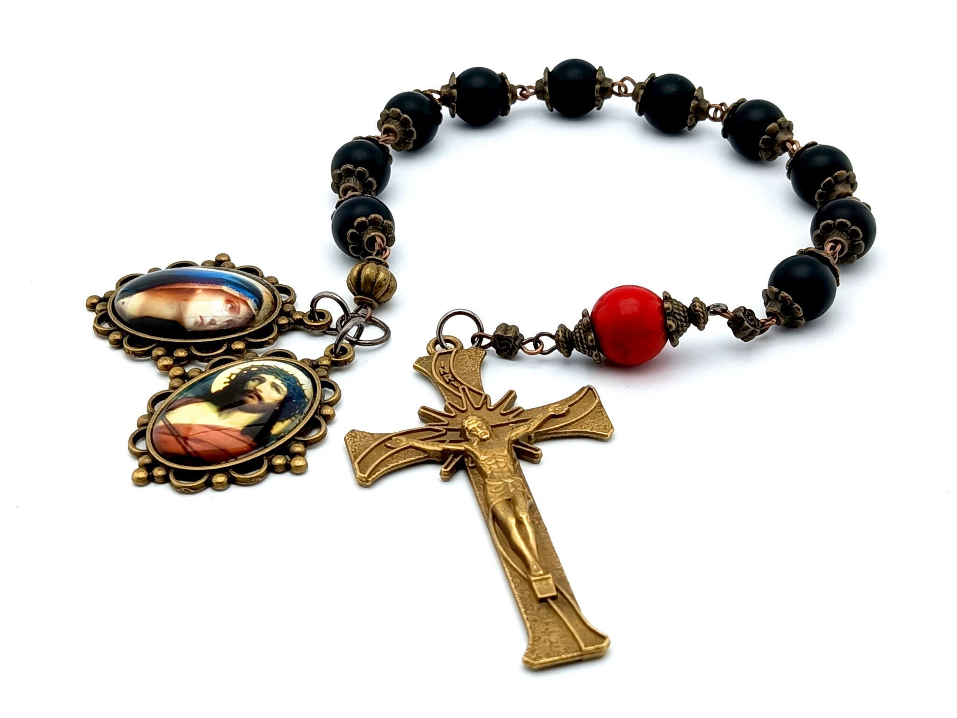 Crown of Thorns unique rosary beads single decade rosary with onyx and red gemstone beads, bronze crucifix and Christs passion and Sorrowful Mother picture medals.