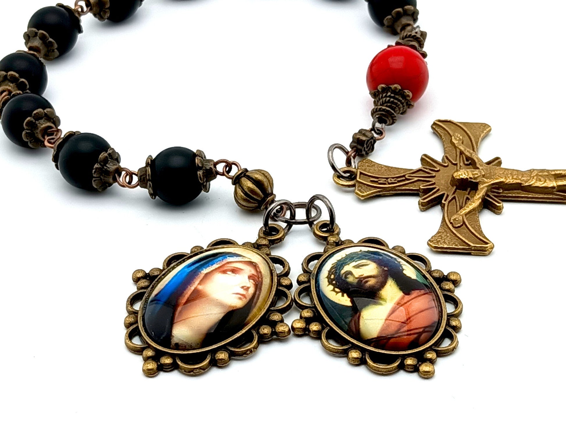 Crown of Thorns unique rosary beads single decade rosary with onyx and red gemstone beads, bronze crucifix and Christs passion and Sorrowful Mother picture medals.