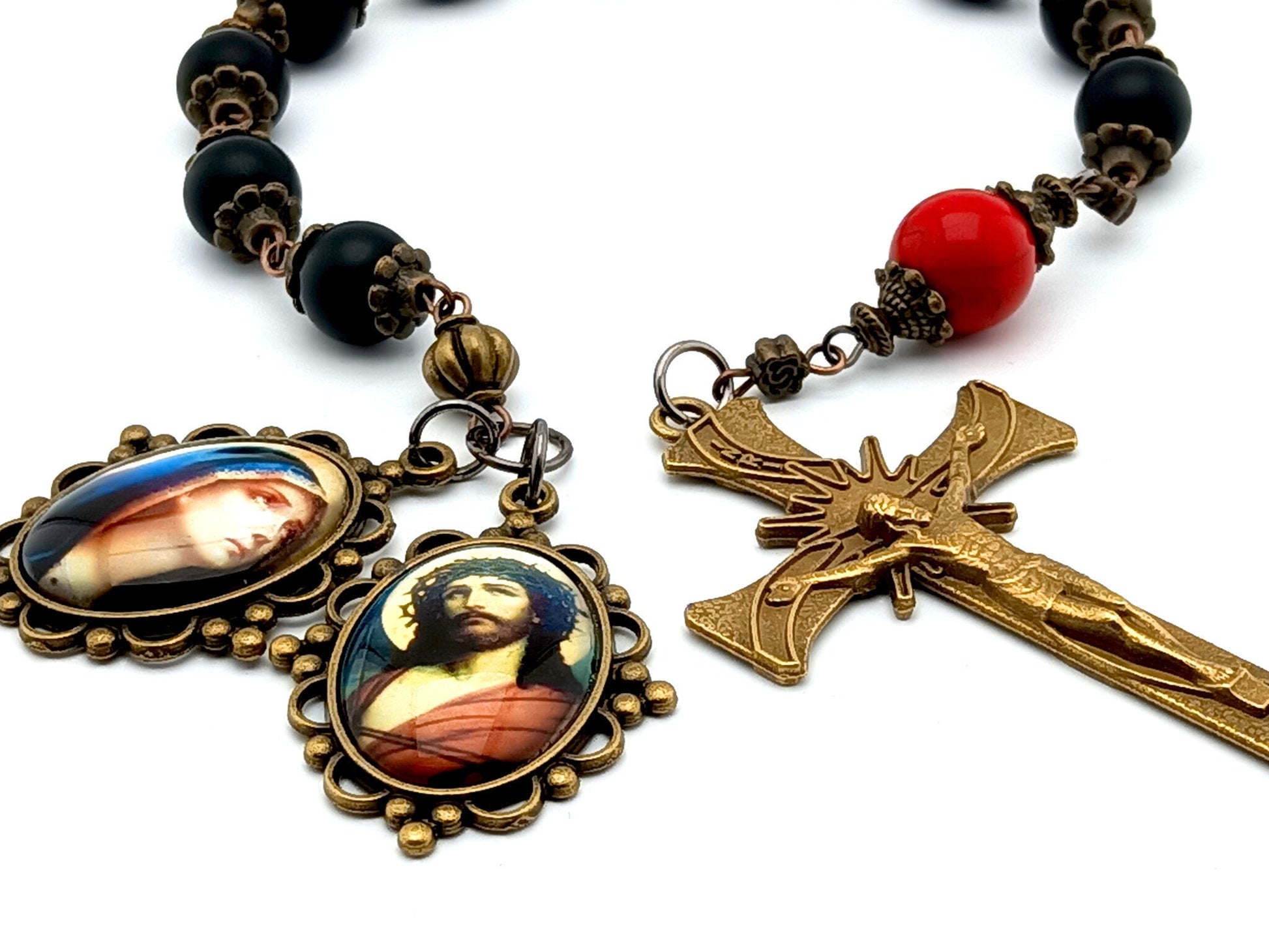 Crown of Thorns unique rosary beads single decade rosary with onyx and red gemstone beads, bronze crucifix and Christs passion and Sorrowful Mother picture medals.