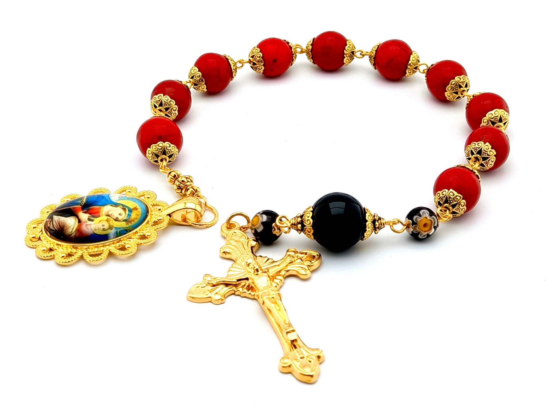 Our Lady of Perpetual Help unique rosary beads single decade rosary with red gemstone and onyx beads, golden sunburst crucifix and picture end medal.