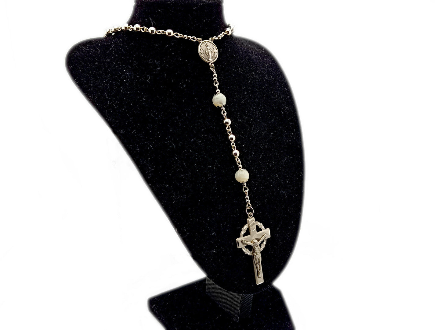 Miraculous Medal unique rosary beads genuine 925 sterling silver rosary with mother of pearl pater beads, 925 silver crucifix and centre medal.