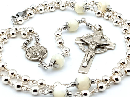 Miraculous Medal unique rosary beads genuine 925 sterling silver rosary with mother of pearl pater beads, 925 silver crucifix and centre medal.