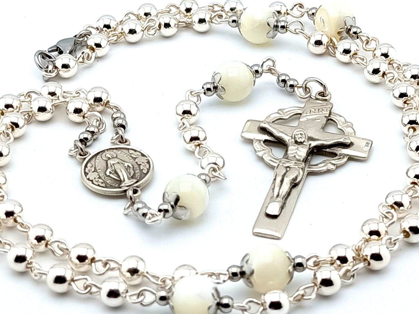 Miraculous Medal unique rosary beads genuine 925 sterling silver rosary with mother of pearl pater beads, 925 silver crucifix and centre medal.