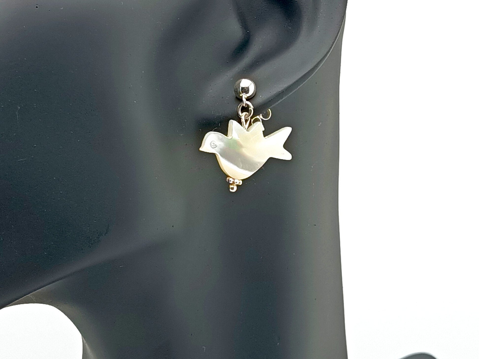 Holy Spirit unique rosary beads earrings with mother of pearl doves and 925 silver stud.