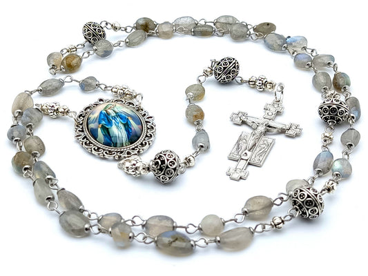 Immaculate Conception unique rosary beads with natural agate gemstone and silver beads, silver crucifix and large picture centre medal.