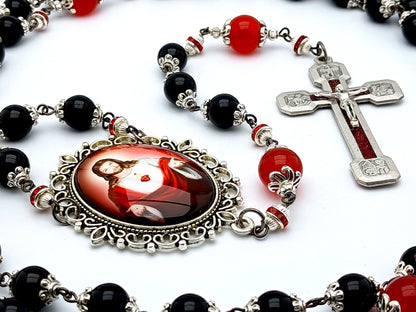 Sacred Heart unique rosary beads with black onyx and red gemstone beads, red enamel crucifix and large picture centre medal.