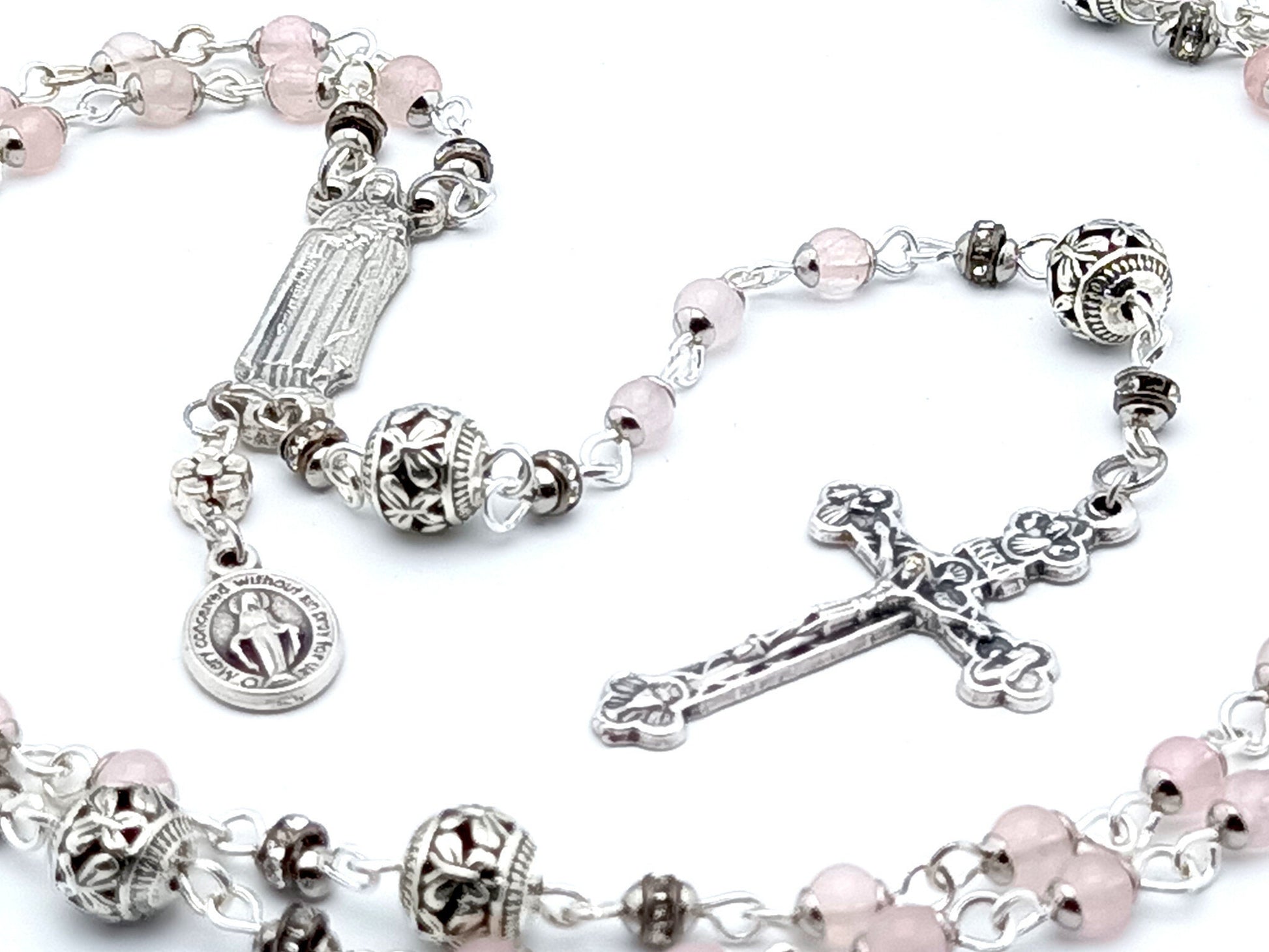 Saint Therese unique rosary beads with miniature pink opal gemstone beads, silver crucifix and centre medal.
