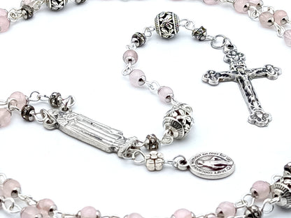 Saint Therese unique rosary beads with miniature pink opal gemstone beads, silver crucifix and centre medal.