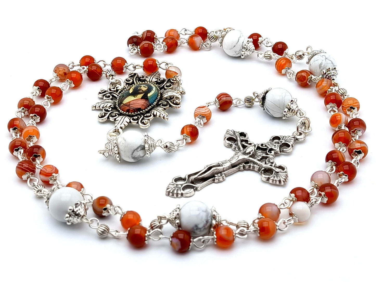 Crown of Thorns unique rosary beads with orange striped agate gemstone beads, filigree crucifix and picture centre medal.