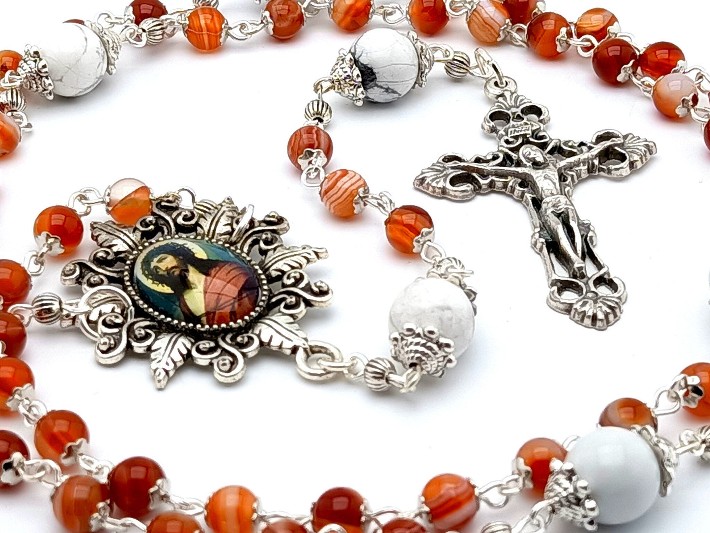 Crown of Thorns unique rosary beads with orange striped agate gemstone beads, filigree crucifix and picture centre medal.