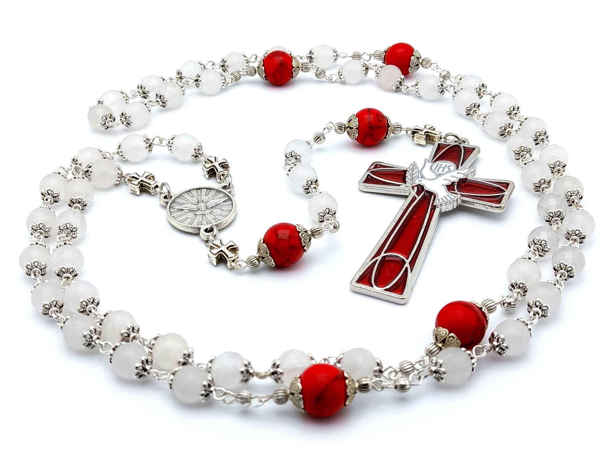 Holy Spirit unique rosary beads with red and white gemstone beads, red and white enamel cross and Holy Spirit silver centre medal.