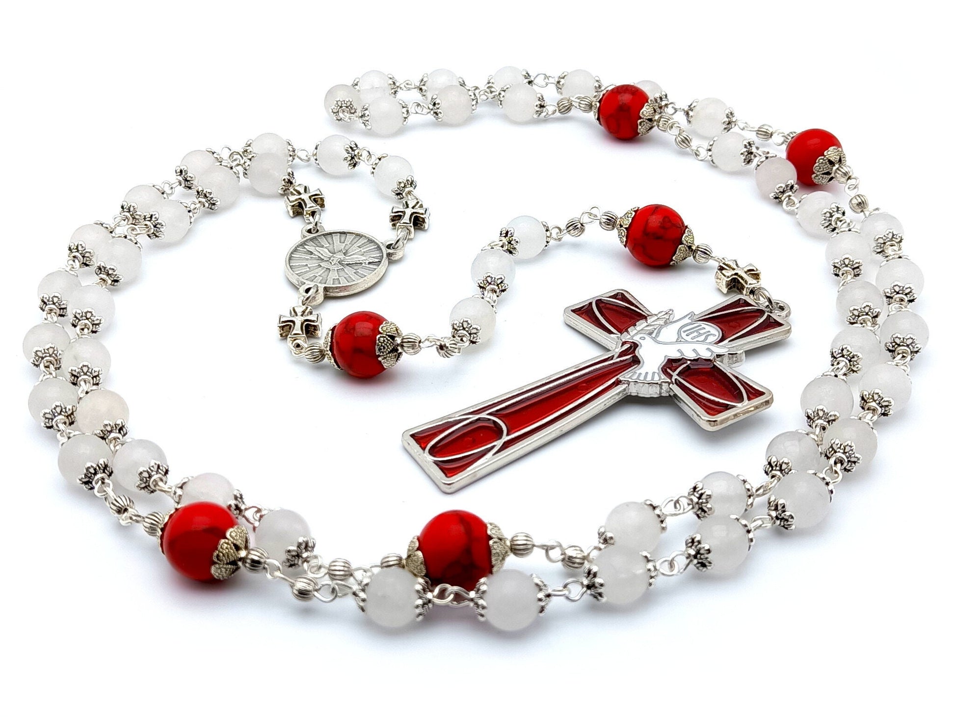 Holy Spirit unique rosary beads with red and white gemstone beads, red and white enamel cross and Holy Spirit silver centre medal.