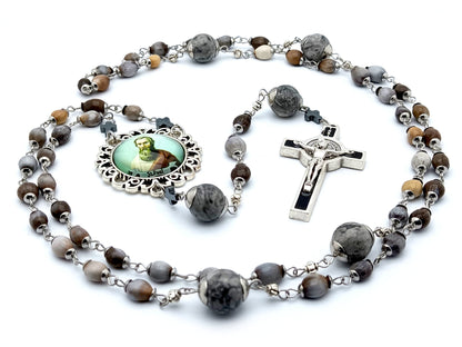 Saint Paul unique rosary beads with Jobs tears and gemstone beads, black and silver enamal Saint Benedict crucifix and large picture centre medal.