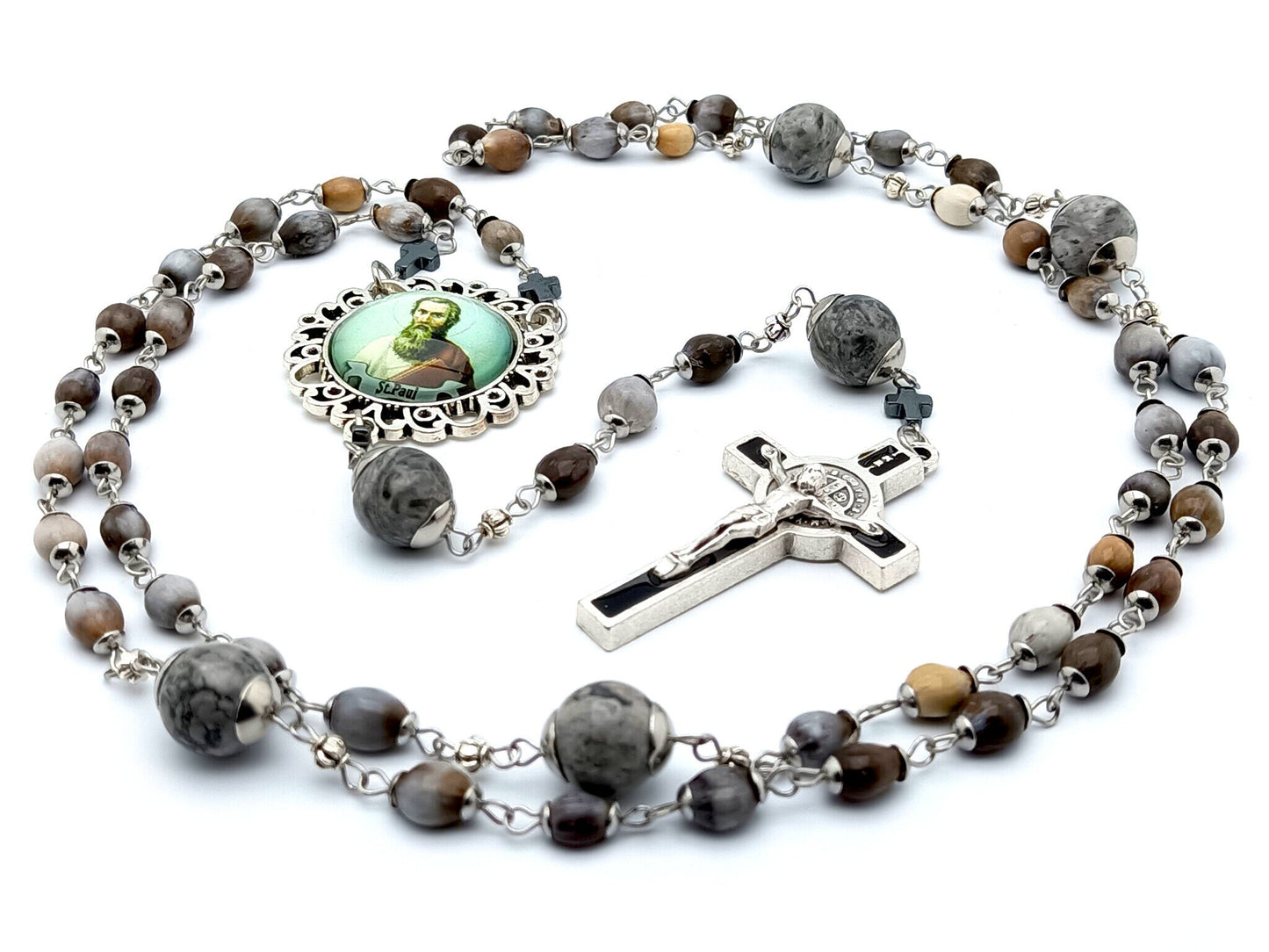 Saint Paul unique rosary beads with Jobs tears and gemstone beads, black and silver enamal Saint Benedict crucifix and large picture centre medal.