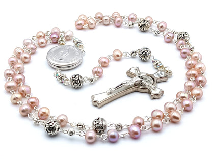 Miraculous medal unique rosary beads with freshwater pearl and silver beads with Saint Benedict crucifix and silver centre medal.