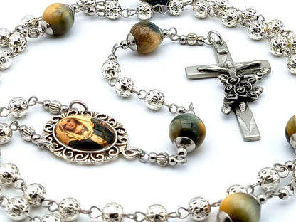 Our Lady of the Rosary unique rosary beads with stainless steel and silver beads, floral etched crucifix and picture centre medal.