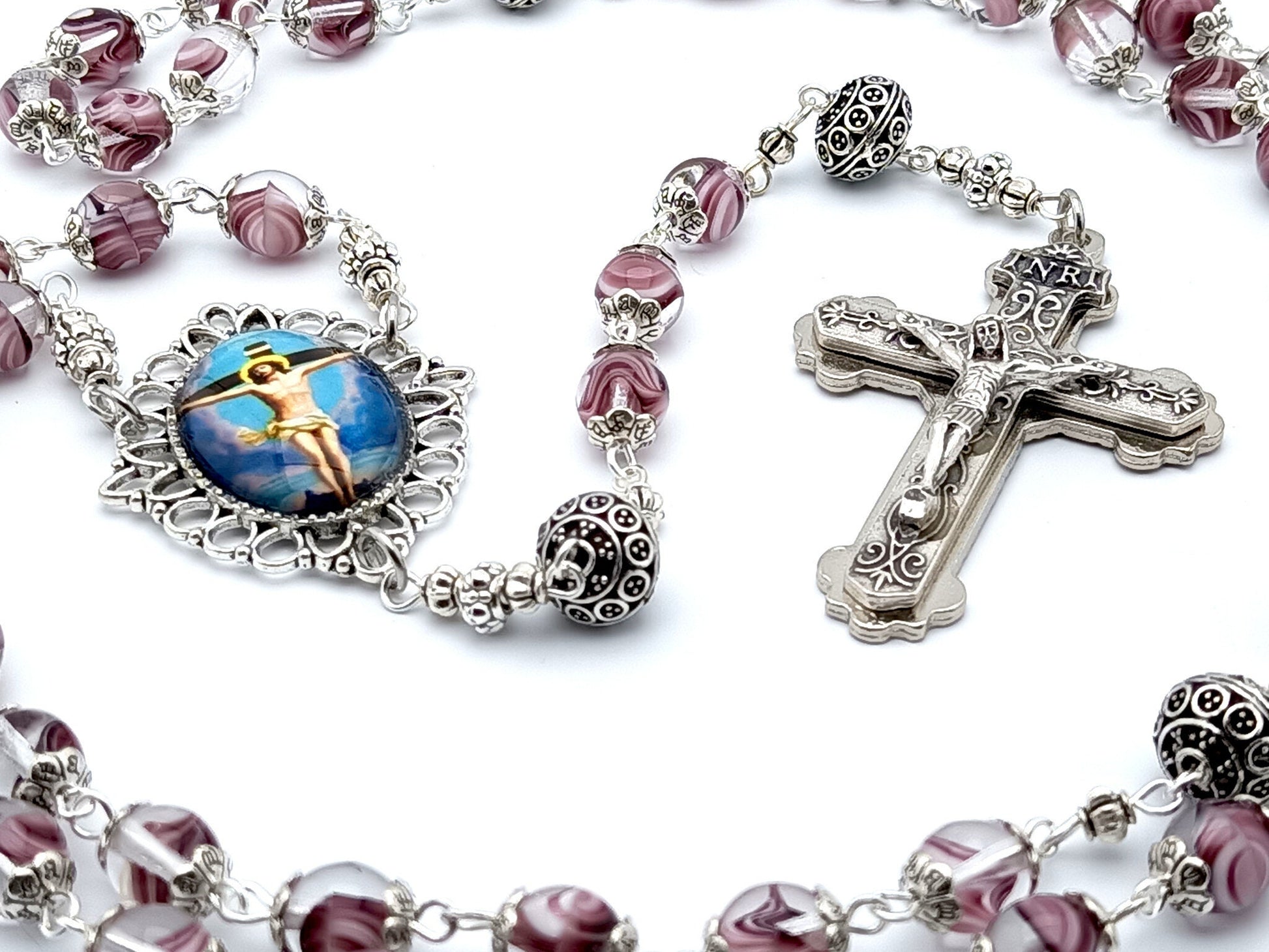 The Crucifixion marble glass rosary beads with silver Our Father
