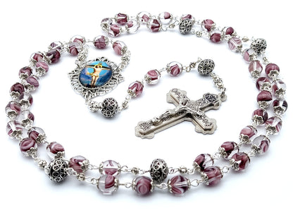 The Crucifixion unique rosary beads with marbled pink glass and silver beads, silver crucifix and picture centre medal.