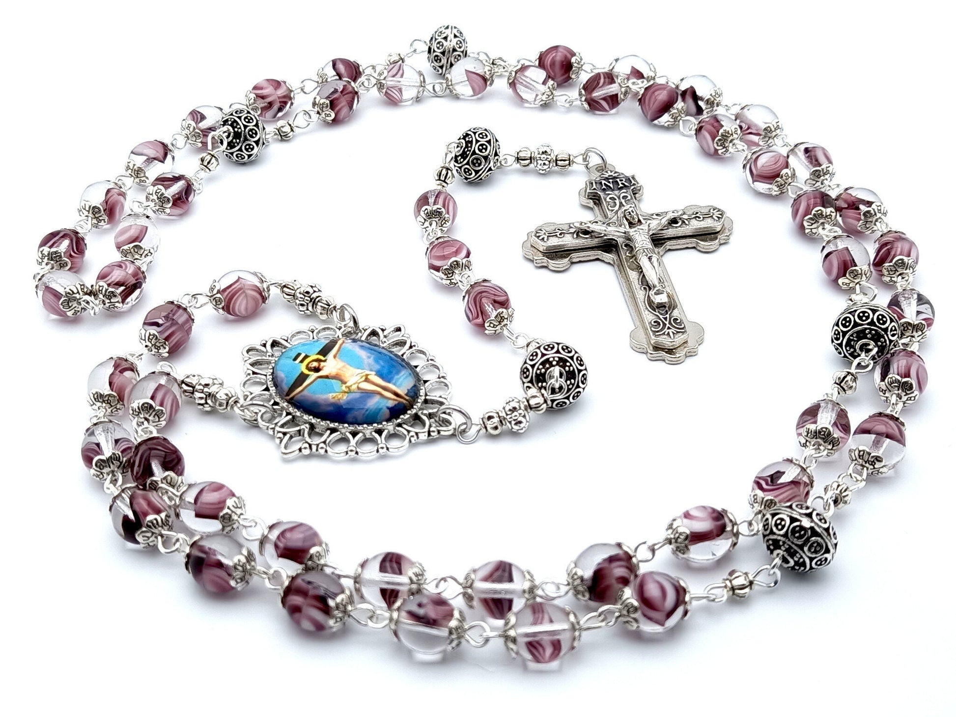 The Crucifixion unique rosary beads with marbled pink glass and silver beads, silver crucifix and picture centre medal.