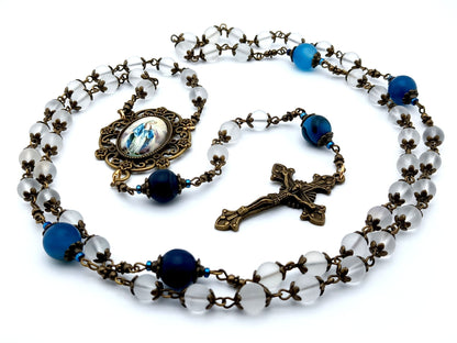 Our Lady of Grace unique rosary beads with frosted glass and blue agate gemstone beads, bronze crucifix and picture centre medal.