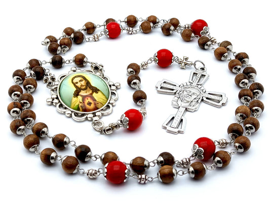 Sacred Heart unique rosary beads with dark wood and red gemstone beads, silver Holy Face crucifix and picture centre medal.
