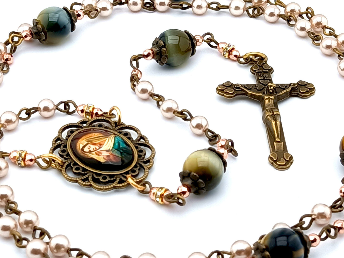 Blessed Virgin Mary unique rosary beads with pearl and tigers eye gemstone beads, bronze crucifix and picture centre medal.