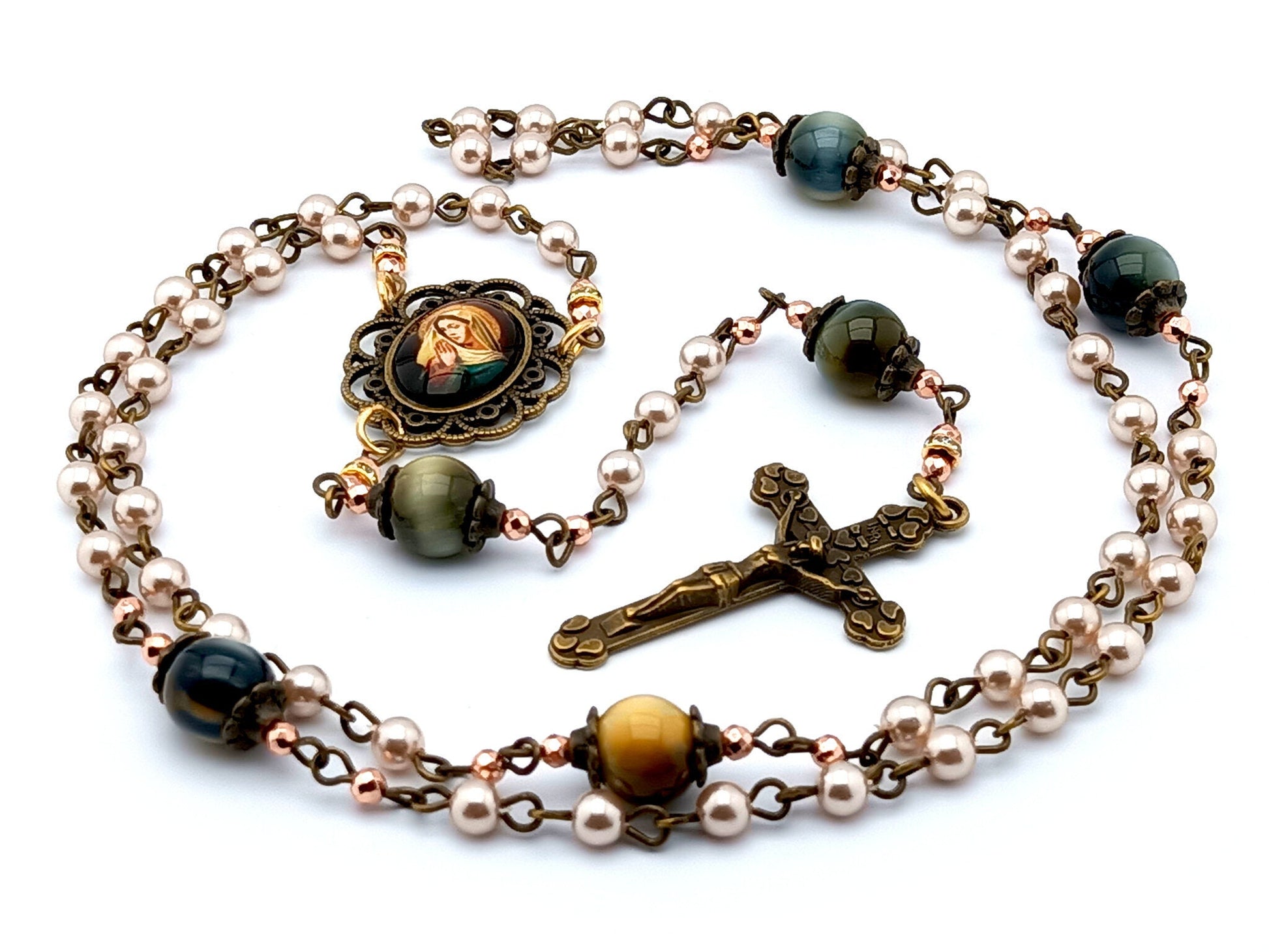 Blessed Virgin Mary unique rosary beads with pearl and tigers eye gemstone beads, bronze crucifix and picture centre medal.