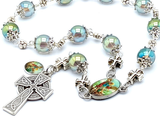 Saint Michael unique rosary beads single decade rosary with pale green and blue glass beads, silver cross detail, celtic crucifix and picture centre medal.