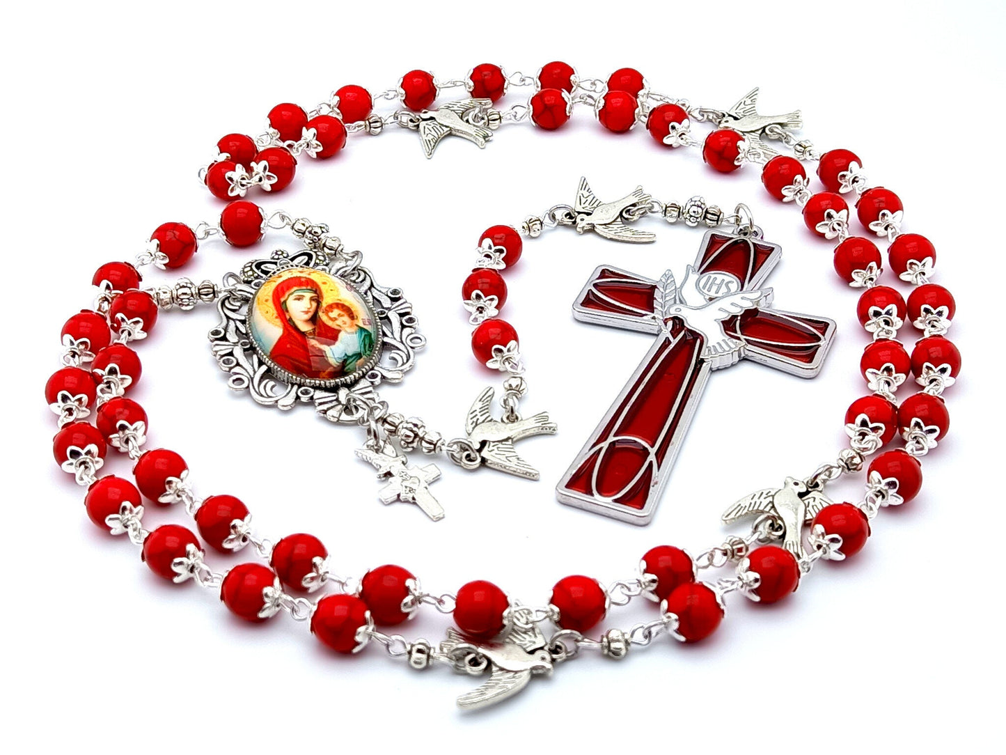 Our Lady of Perpetual Help unique rosary beads with red gemstone beads, silver and red enamel dove crucifix, silver dove pater beads and picture centre medal.