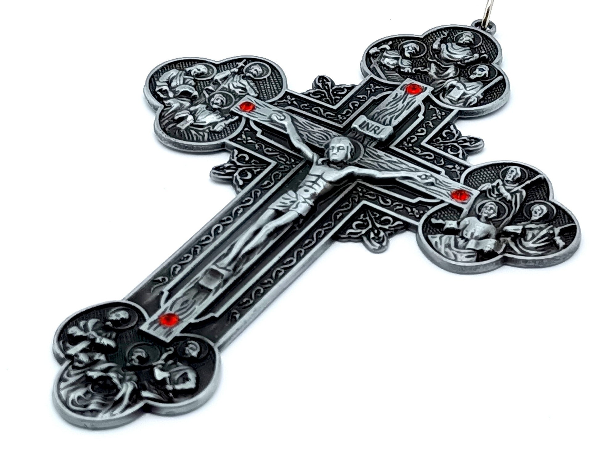 Twelve Apostles unique rosary beads pewter crucifix with red diamonte detail.