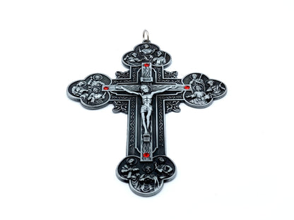 Twelve Apostles unique rosary beads pewter crucifix with red diamonte detail.