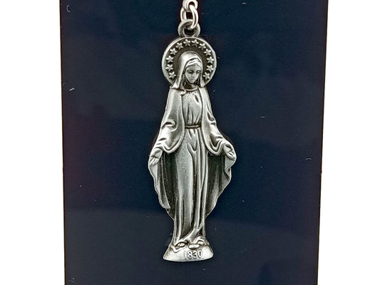 Our Lady of Grace unique rosary beads purse clip with statue medal, miraculous medal and clip.