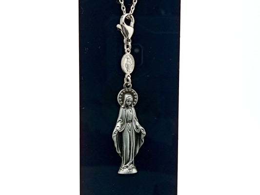 Our Lady of Grace unique rosary beads purse clip with statue medal, miraculous medal and clip.
